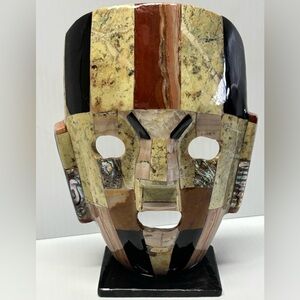 Aztec Mayan Stone Mosaic Mask Onyx Abalone Inlay Sculpture Tribal Art